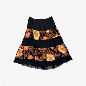 Andamio black orange tiered midi skirt whimsy boho floral layered sheer